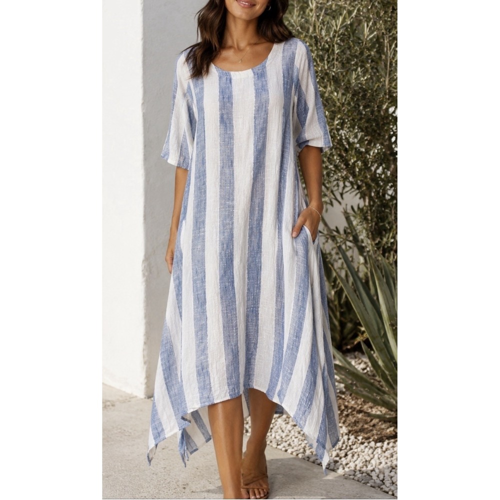 Paper Lace Blue White Stripe 100% Cotton Lightweight  Midi Maxi Dress Size Large